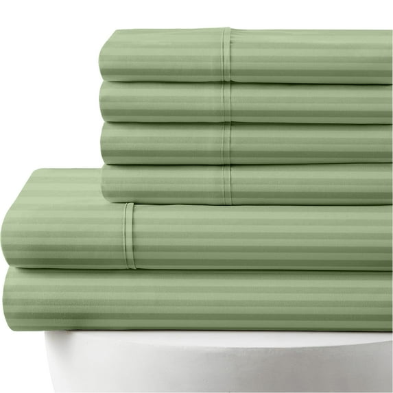 6-PC Striped Sheet Set - 1000 Thread Count, 100% Egyptian Cotton, 1000-TC, 15" Deep Pockets - Queen Size, Sage Stripe Color
