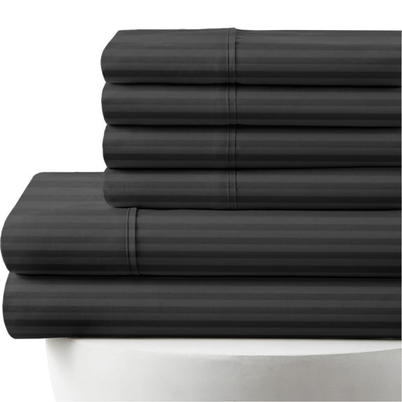 6-PC Striped Sheet Set - 1000 Thread Count, 100% Egyptian Cotton, 1000-TC, 18" Deep Pockets - Queen-XL Size, Dark Grey Stripe Color