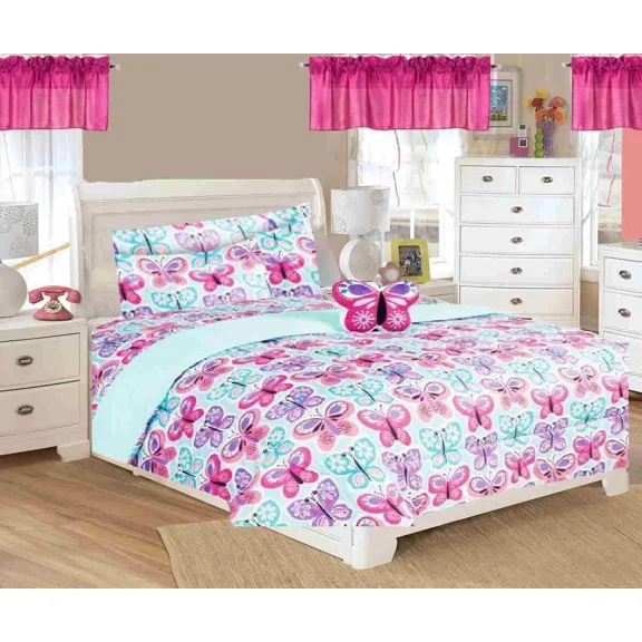 6-PC Twin Complete Bed in Bag Comforter Bedding Decor Butterflies Blue Hot Pink
