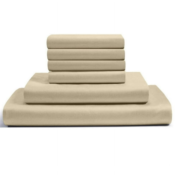 6-PC Twin Egyptian 600-TC Cotton Sheet Set - 15" Deep Pockets with 1 Fitted Sheet, 1 Oversized Flat Sheet 4 Pillowcases - Taupe