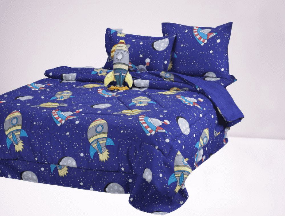 6-PC Twin Space galaxy complete bed in bag comforter bedding set with furry friend and matching sheet set for kids boys girls super soft easy wash kids bedding décor