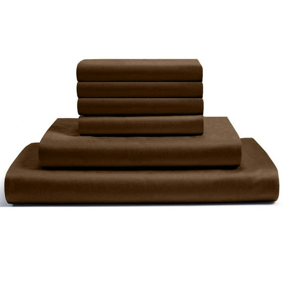 6-PC Twin XL Egyptian 300-TC Cotton Sheet Set - 18" Deep Pockets with 1 Fitted Sheet, 1 Oversized Flat Sheet 4 Pillowcases - Chocolate