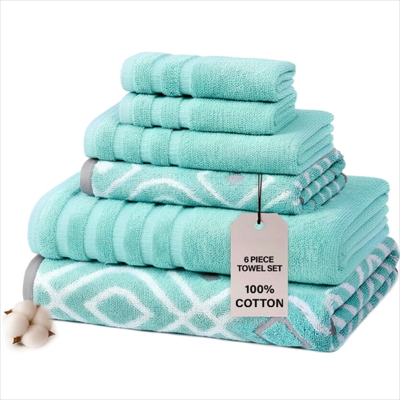 6 PCS 100% Cotton Towel Set, Double-Sided Color Woven Jacquard Solid ...