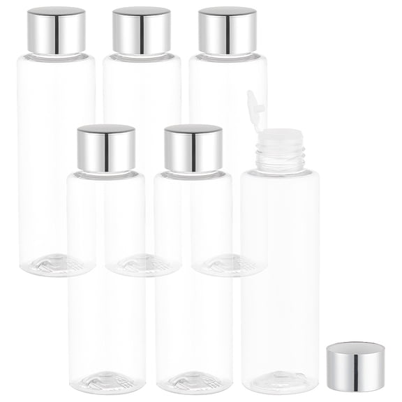 6 PCS 100 Ml/3.38 Oz Silver Plastic Bottle with Rotating Cap Refillable Flat-Shouldered Plastic PET Bottle for Lotions Perfumes