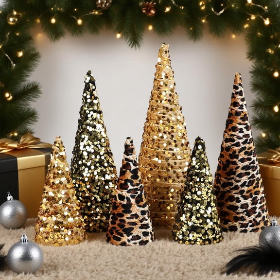 6 PCS 12" 10" 6" Christmas Leopard Cone Tree Decoration Christmas Glitter Leopard Cheetah Print Table Tree Farmhouse Velvet Tree Tiered Tray Ornament for Home Holiday Tree Centerpiece Decor VT4
