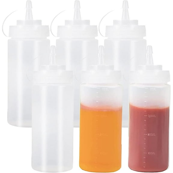 6 PCS 12oz Plastic Condiment Squeeze Bottles, Translucent Ketchup Bottles with Measurements For Condiments Olive Ketchup Sauces Dressings and More