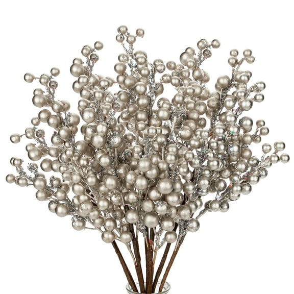 Briful 6 PCS 13.8"Artificial Christmas Berry Picks Faux Berry Stems Spray with Glitter Paillette Floral Arrangement Bouquet Filler for Wedding Christmas Home Decoration Champagne