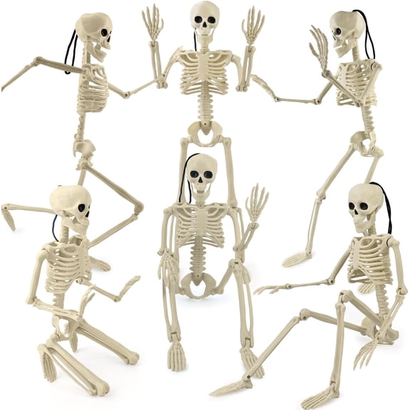 6 PCS 16'' Halloween Decor for Outdoor Graveyard Yard,Small Posable Plastic Skeletons Decorations for Tree Lawn Window Office Desk,Halloween Party Supplies,Scary Skull Hanging Props for Haunted House