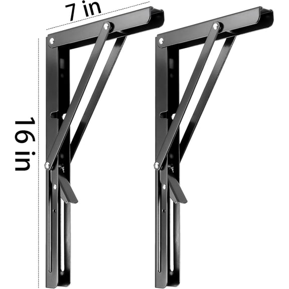 6 PCS 16 Inch Black Folding Shelf Brackets Heavy Duty, Wall Mounted Collapsible Triangle Shelf Bracket for Table Bench Workbench