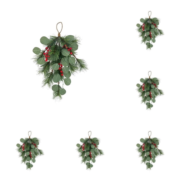 6 PCS 21.6 Inch Christmas Teardrop Swag Set, Artificial Pine Greenery with Berries, Rustic Xmas Hanging Wreaths for Door Wall Fireplace Holiday Decor