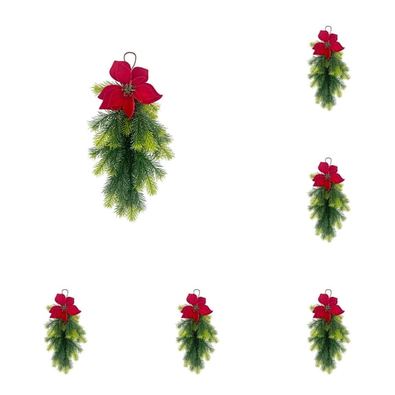 6 PCS 22.4 Inch Christmas Teardrop Swag Set, Artificial Pine Greenery with Flower, Rustic Xmas Hanging Wreaths for Door Wall Fireplace Holiday Decor