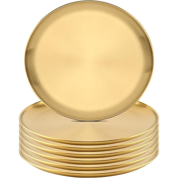 6 PCS 5.5 Inch Large Stainless Steel Plate, 14cm Round Dinner Metal Plates, Metal Salad Steak Plates Reusable Dinner Dish for Eating Serving Camping Outdoor BBQ Home Kitchen, Frosted Gold