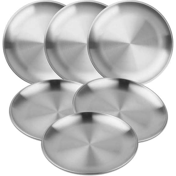 6 PCS 7.9 Inch Large Stainless Steel Plate, 20cm Round Dinner Metal Plates, Metal Salad Steak Plates Reusable Dinner Dish for Eating Serving Camping Outdoor BBQ Home Kitchen, Polished Silver