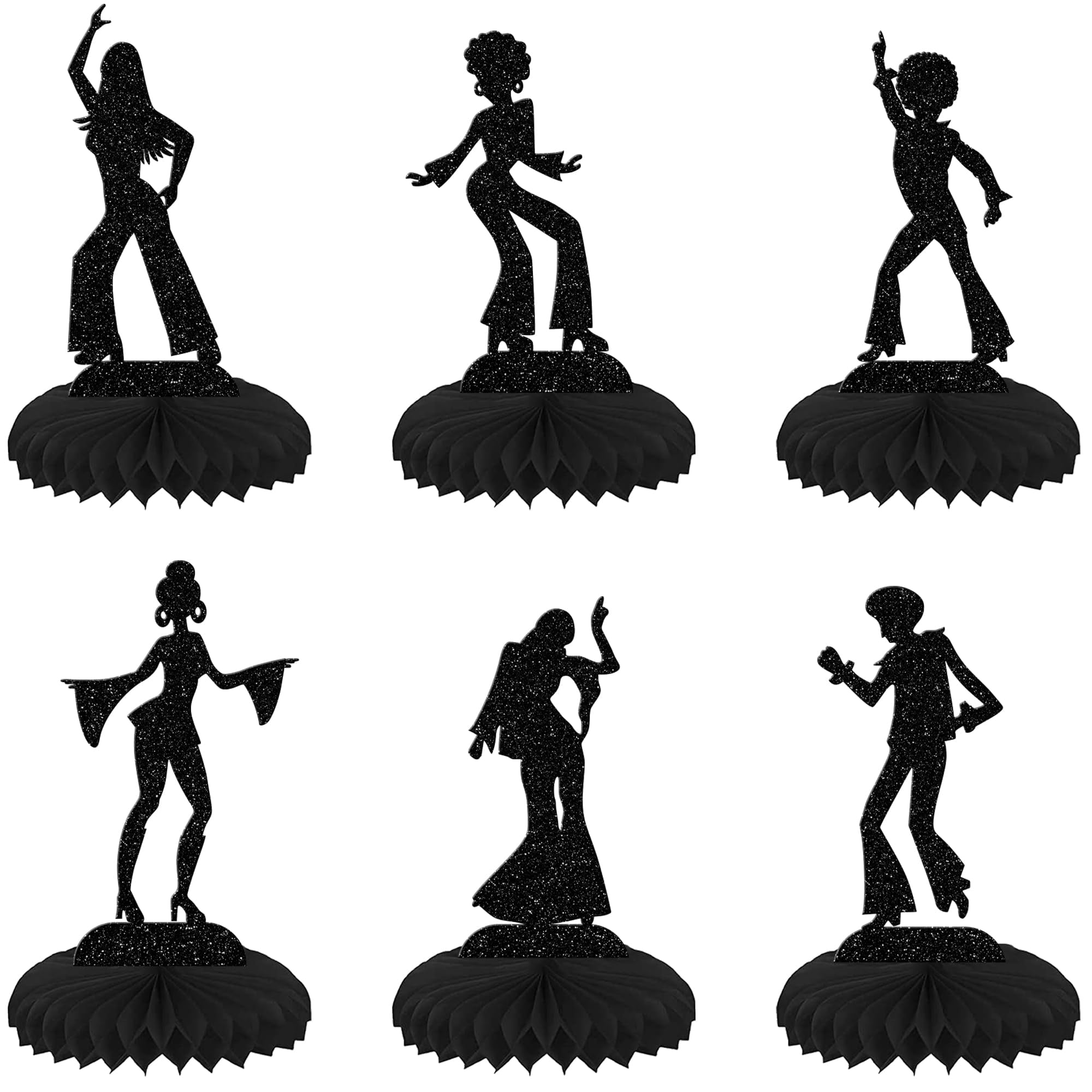 6-Pack 70's Disco Dancing Honeycomb Table Centerpieces – Glitter Retro Party Decor For Weddings, Birthdays & Events (Black)