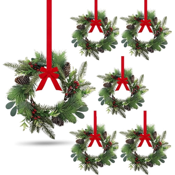 6 PCS 9" Small Christmas Norfolk Wreaths, Mini Cabinet Wreaths for Kitchen with Red Berry Pinecone Cedar & Bows, Snowy Pine Wreath for Front Door Xmas Decorations