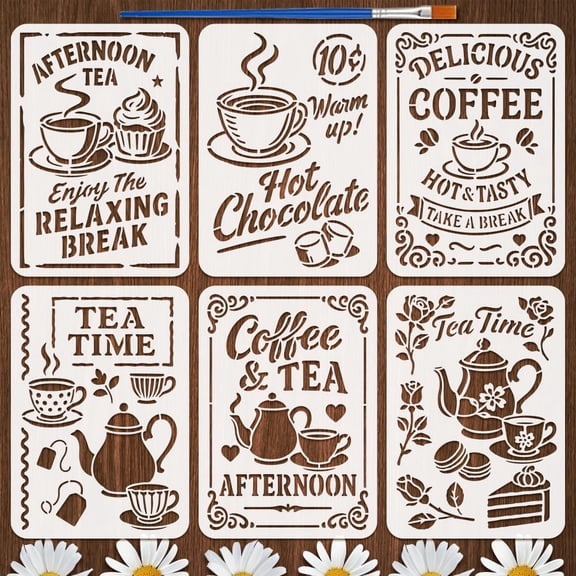 6 PCS Afternoon Tea Patterns Stencil with 1Pc Plastic Brush 8.3x11.7inch Coffee Stencil Teapots and Cups Pattern Flowers Desserts Decoration Template Tea Time Template for DIY handcrafting