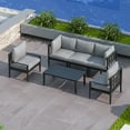 thumbnail image 1 of 6 PCS Aluminum Patio Sectional Sofa Set with 3-Seat Couch, Armchair, Coffee Table | Outdoor Furniture Set All Weather Use Conversation Set for Poolside Backyard, Gray Frame with Gray Cushion, 1 of 9