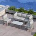thumbnail image 1 of 6 PCS Aluminum Patio Sectional Sofa Set with 3-Seat Couch, Armchair, Coffee Table | Outdoor Furniture Set All Weather Use Conversation Set for Poolside Backyard, White Frame with Gray Cushion, 1 of 9