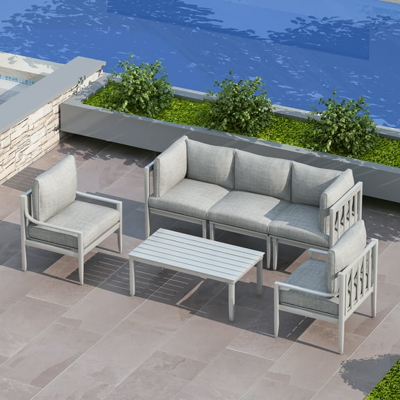 6 PCS Aluminum Patio Sectional Sofa Set with 3-Seat Couch, Armchair, Coffee Table | Outdoor Furniture Set All Weather Use Conversation Set for Poolside Backyard, White Frame with Gray Cushion