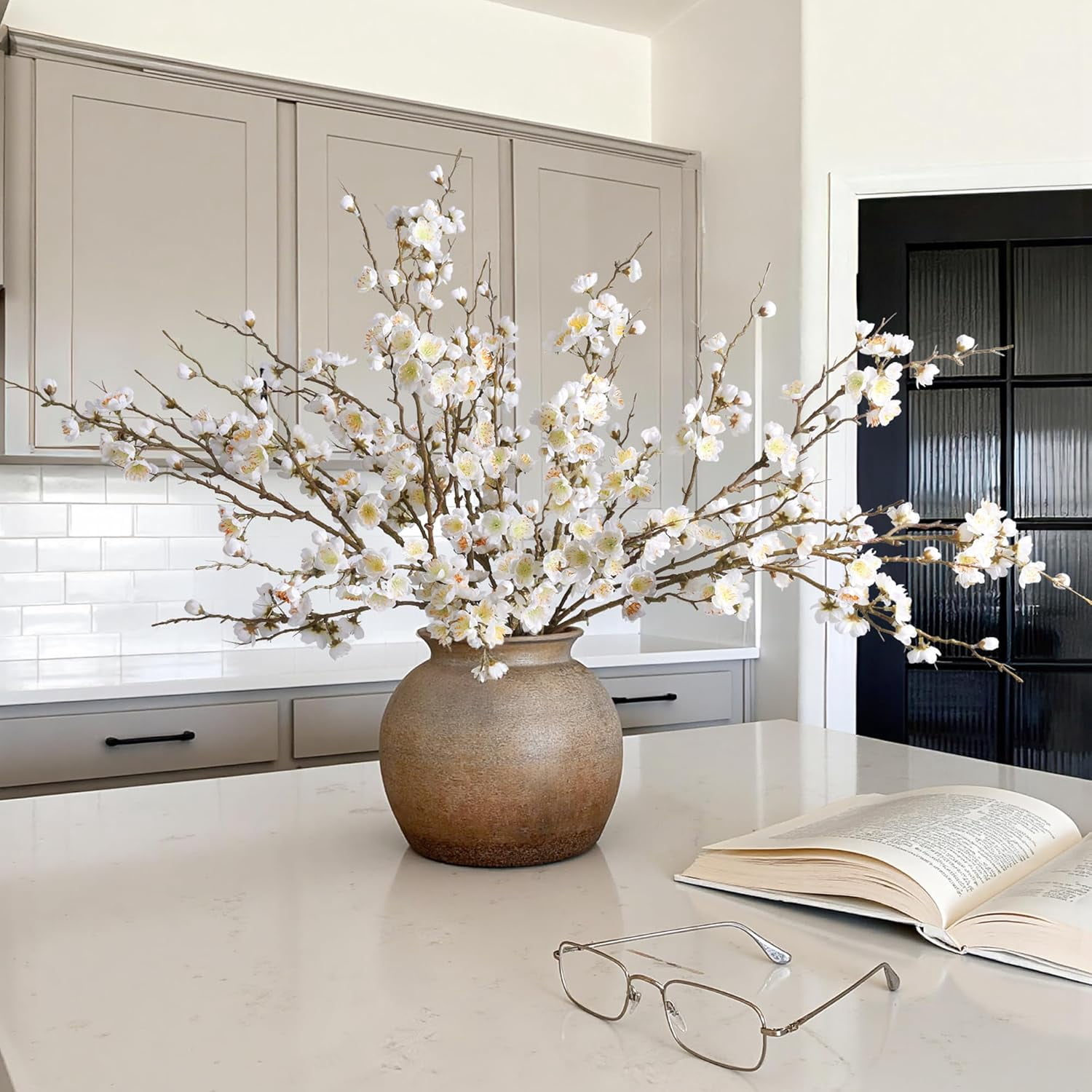 6 PCS Artificial Cherry Blossom Branches Spring Indoor Decoration, Faux Yellow Silk Flowers 34.45" Long Stems Real Touch Plum Fake Peach Plants for New Year Wedding Home Bedroom Table Office