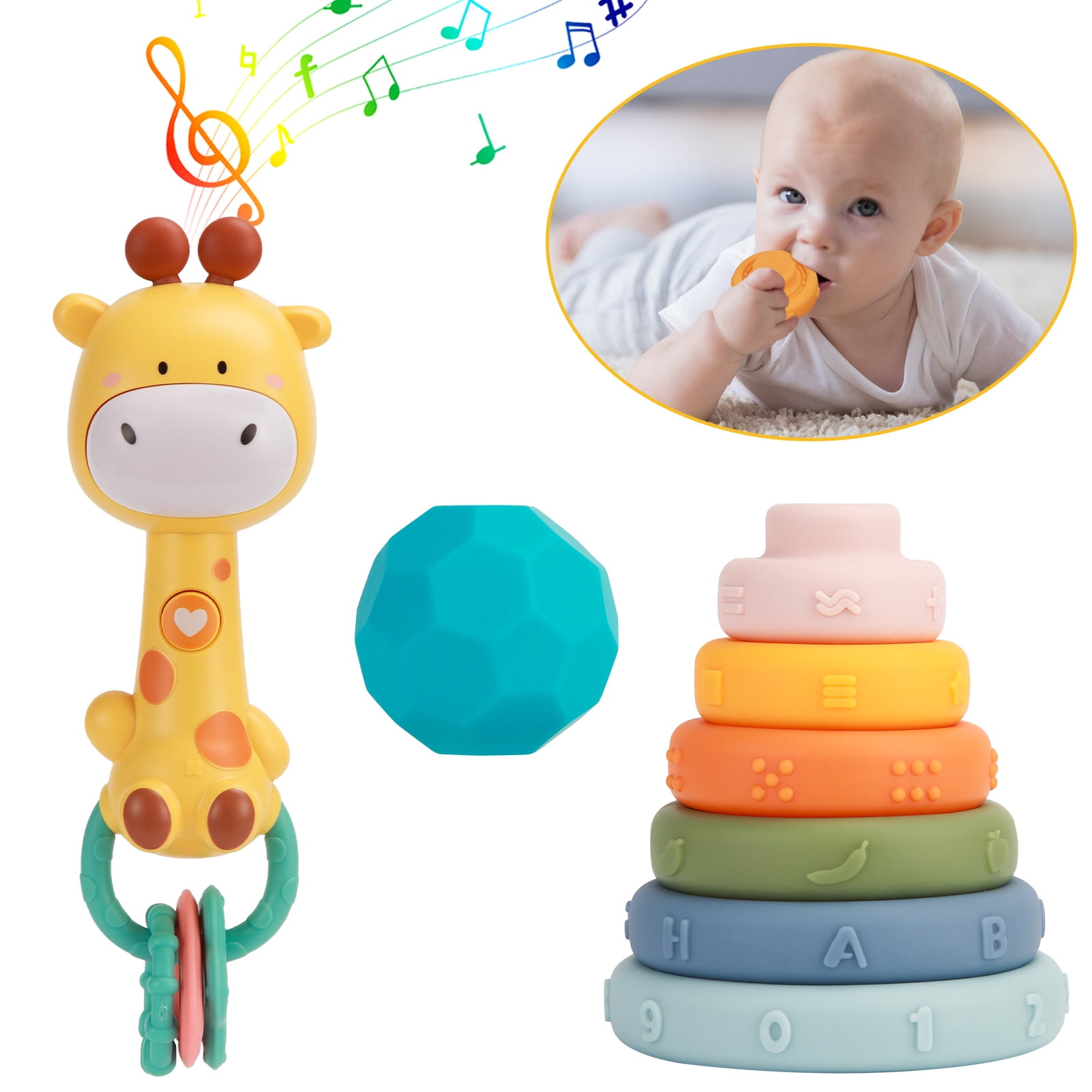 6 PCS Baby Stacking Nesting Toys, 1 PCS Sensory Ball & Baby Rattle