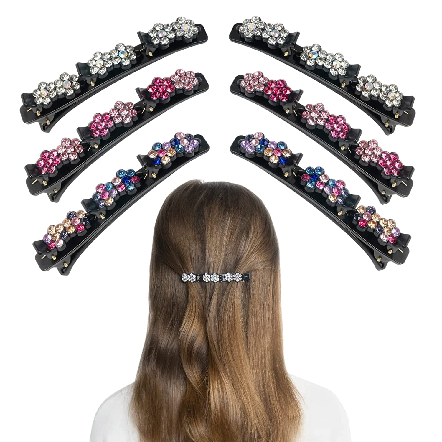 6 PCS, Barrette with 3 Clips on Top, Braid Hair Clips, Triple Clip Barrette, Prosperous Hair Clips, (White, pink, multi)