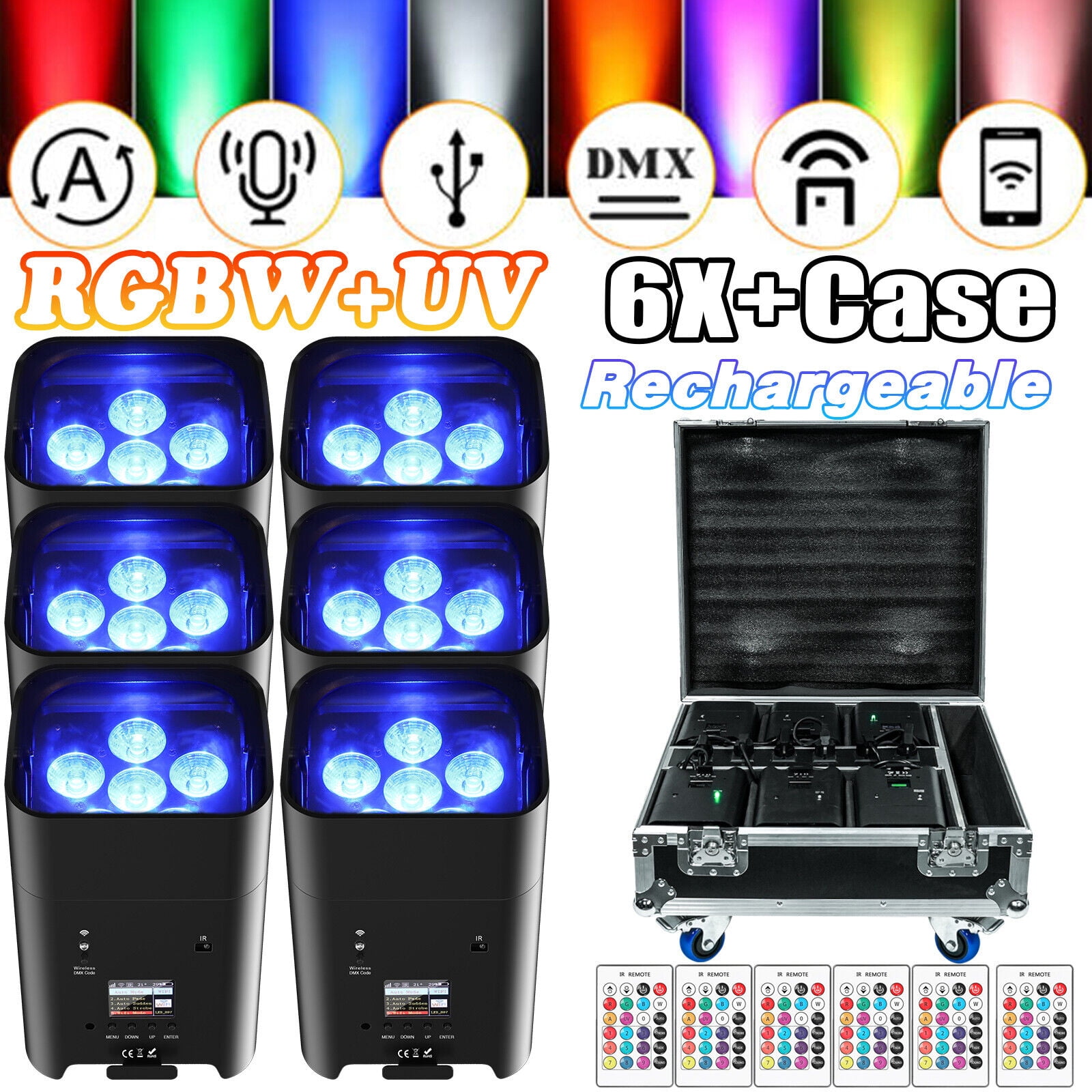 6 PCS Battery Powered Uplights with Light Case 6x18W RGBWA+UV led ...