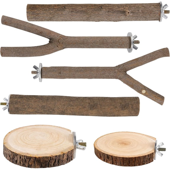 6 PCS Bird Perch Set, Natural Birch Wood Straight & Forked Perches with Platforms for Parakeets, Cockatiels, Conures, Lovebirds - Cage Accessories for Climbing & Exercise