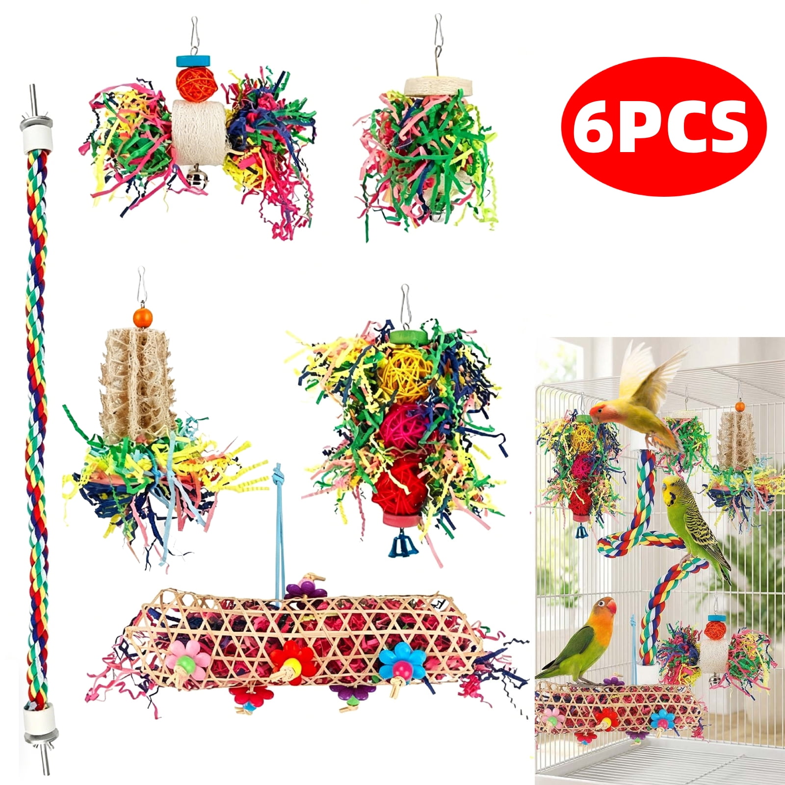 6 PCS Bird Toys - Foraging, Shredding & Hanging Toys, Shredding Parakeet Toys with Rope Perch
