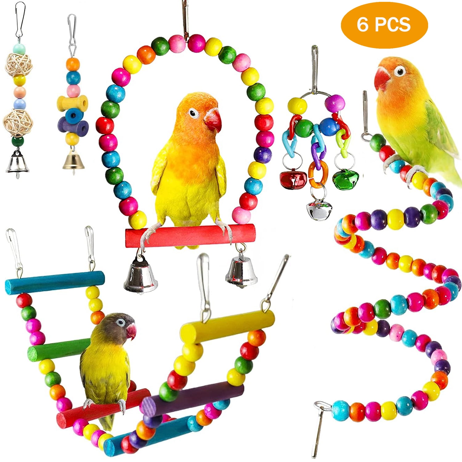 Dinosam 6 PCS Colorful Bird Toys, Safe for Parakeets, Cockatiels, Parrots, Finches Cage Toy