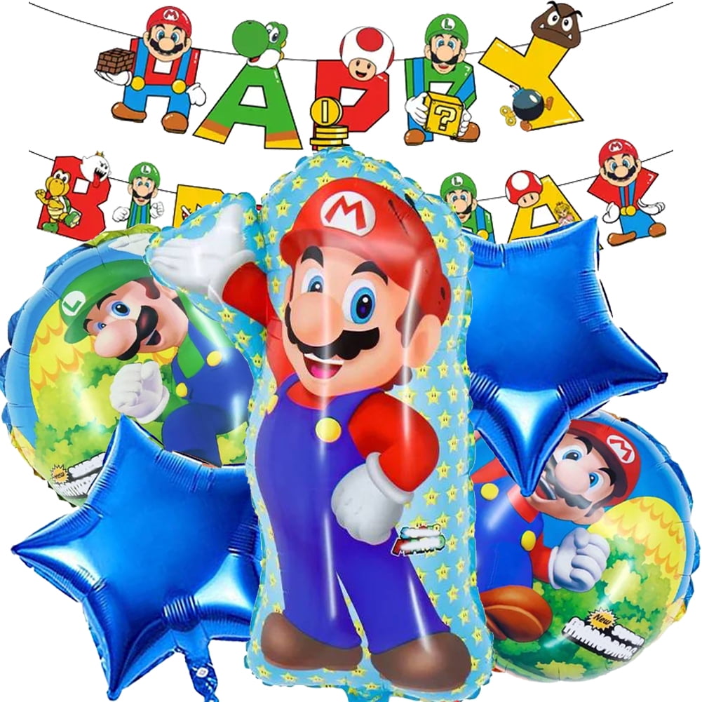 6 PCS Birthday Party Balloons LARGE Mario Balloons with Happy Birthday ...