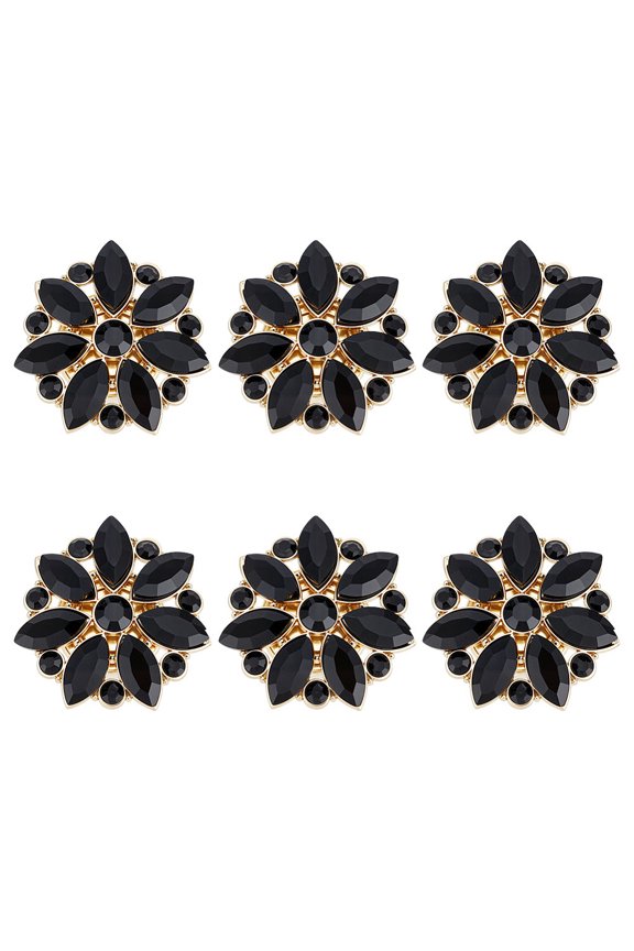6 PCS Black Flower Pattern Alloy Rhinestone Buttons Cover 1.2x1.22 inch Detachable Button Decorative Clips Jewelry for Blouses