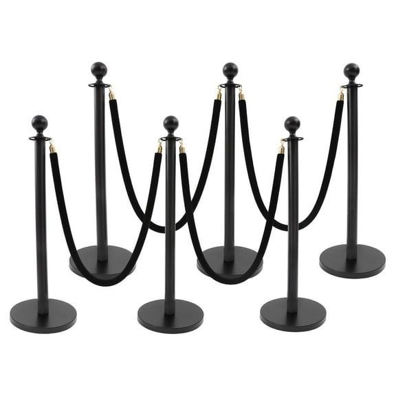 6 PCS Black Posts 201 Stainless Steel Barrier Post Kit Stanchion Posts with 4 Extra-long Barrier Ropes Crowd Control Barriers Stanchion Post with Ball Top