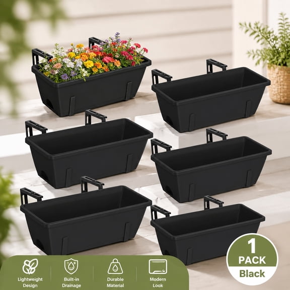 6 PCS Black Railing Planter Boxes with Adjustable Brackets, 17 Inch Deck Rail Flower Pots for Outdoor Balcony Garden Decor