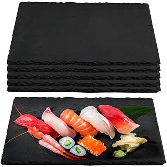 6 PCS Black Slate Cheese Board - 12 x 8 Inches Rectangular Stone Serving Plates With Natural Edge, Modern Platter Tray Cutting Board for Appetizer, Sushi, Charcuterie$$Home Decor, Kitchen, & Other