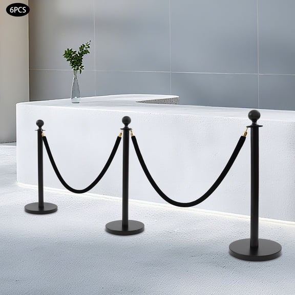 6 PCS Black Stanchion Posts Queue Pole w/ 4 1.5M Ropes Crowd Control Barrier