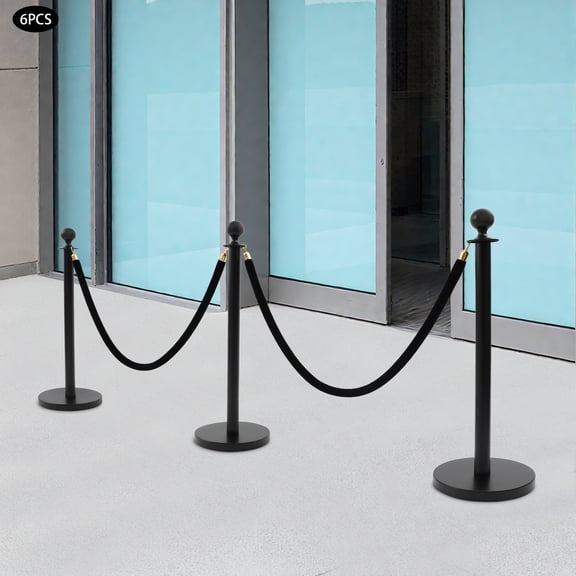 6 PCS Black Stanchion Posts Queue Pole with 4 1.5M Ropes Crowd Control Barrier