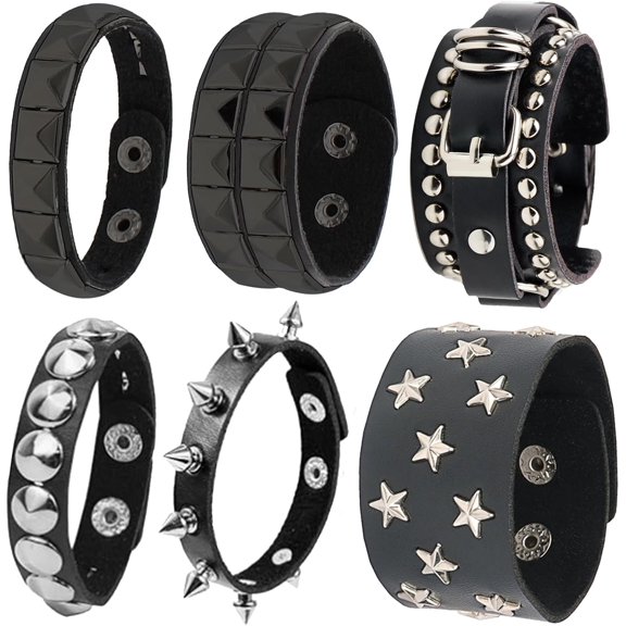 6 PCS Black Studded Leather Rivet Punk Bracelet for Men Women, Crystal, Style R3645