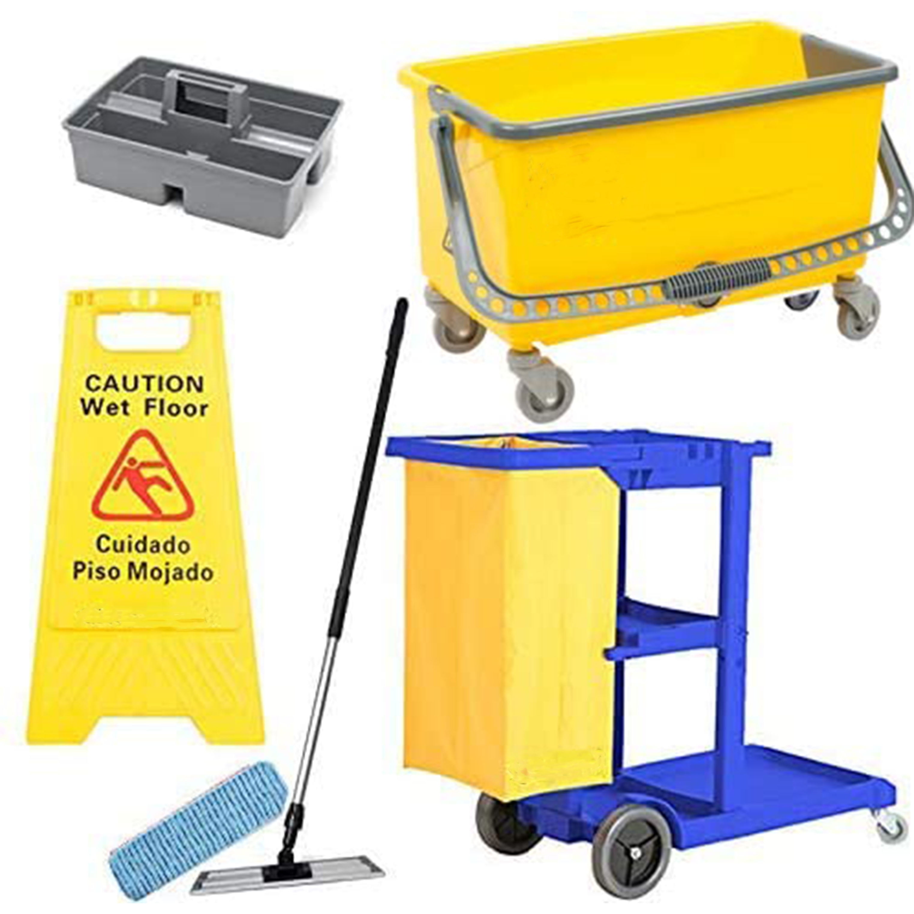"(6 PCS) Blue Janitor Cart and Microfiber Wet Mop Kit 44 qt Mop