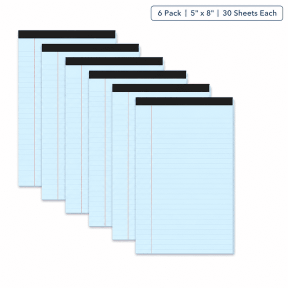 6 Pack Blue Legal Pads 5" x 8", College Ruled Small Note Pads, Micro-Perforated Tear-Off Writing Pads, 30 Sheets Each with Sturdy Backing for Office Notes, Lists & Daily Planning