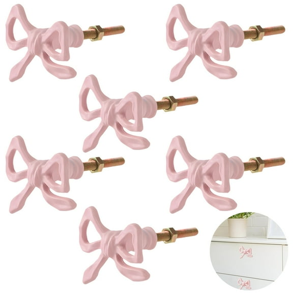 6 PCS Bow Dresser Knobs, Pink Drawer Knobs with Bow Design, Bow Drawer Pulls for Cabinets and Wardrobes, Elegant French Style, Easy Installation with Universal Screws