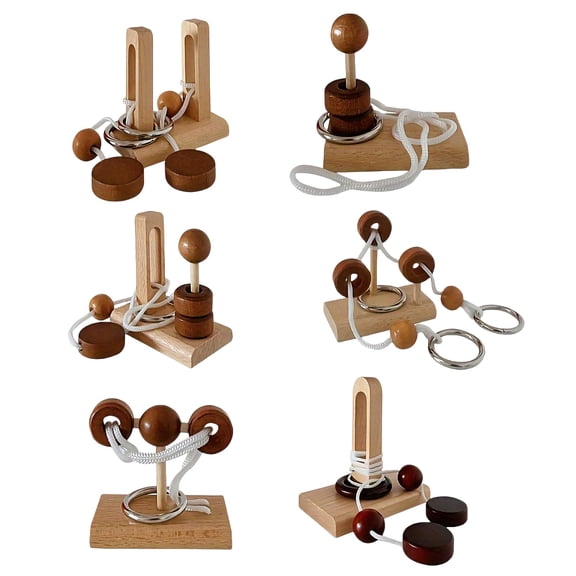 6 PCS Brain Teaser Puzzle Wooden Threading Rope Loop Puzzle Puzzle Toys for Family Gatherings and Personal Leisure Time