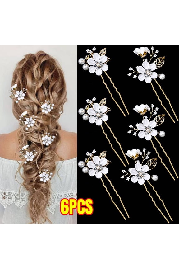 6 PCS Bridal Flower Wedding Hair Pins Crystal Pearl Hair Clips Headpiece Gold Wedding Hair Accessories Jewelry with Rhinestone for Brides Bridesmaids Women