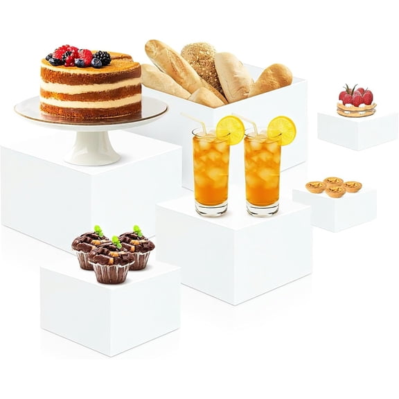6 PCS Buffet Risers, Acrylic Food Risers for Buffet Table, White Display Stand Set with Hollow Bottoms, Cube Boxes for Cake Catering Dessert Party (5", 6", 6.8", 7", 7.5", 8'')