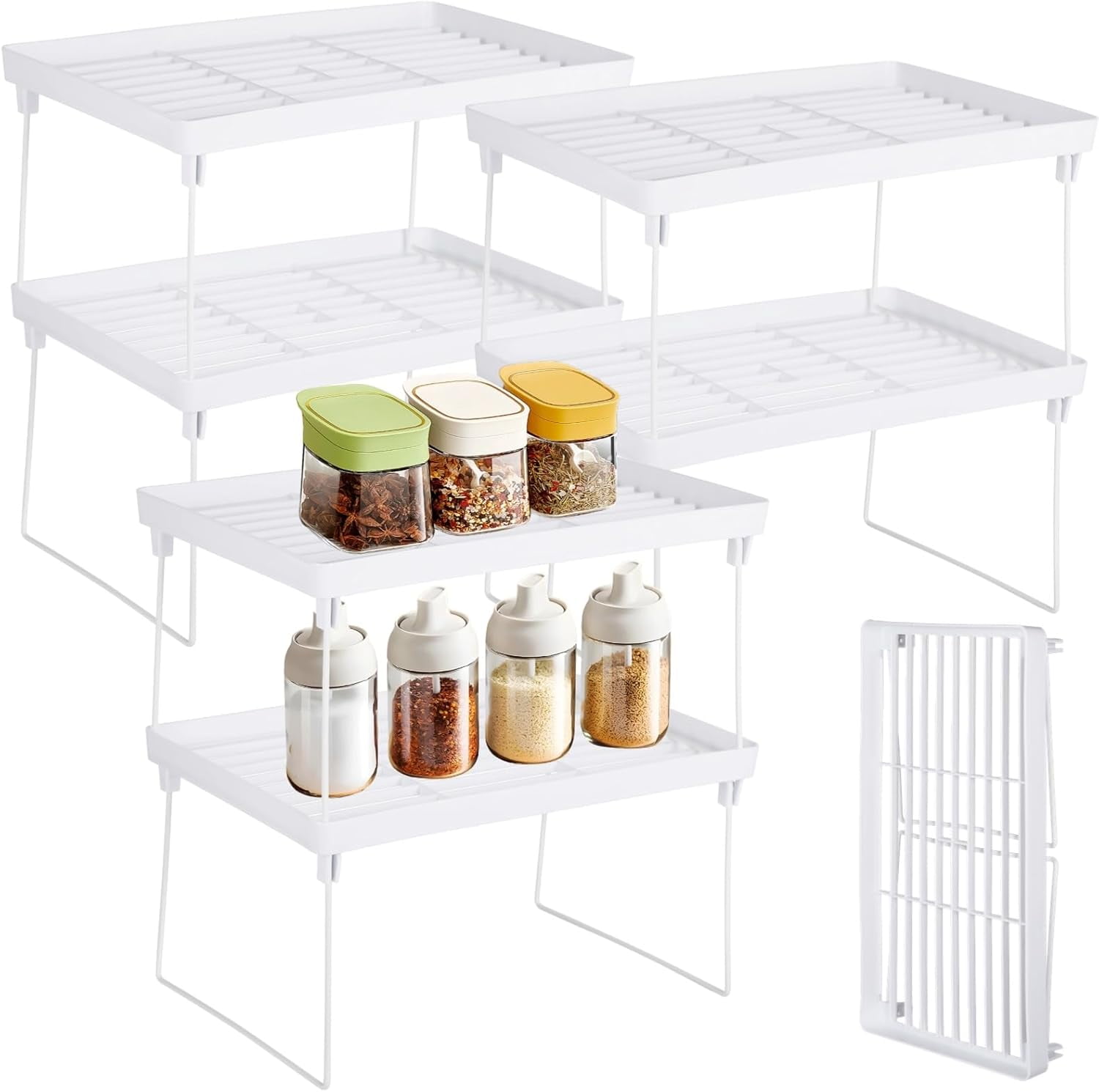 6 PCS Cabinet Storage Shelf Rack, Foldable Cabinet Organizer Shelf, White Stackable Plastic Kitchen Storage shelves Foldable Rack for Kitchen, Fridge, Bathroom