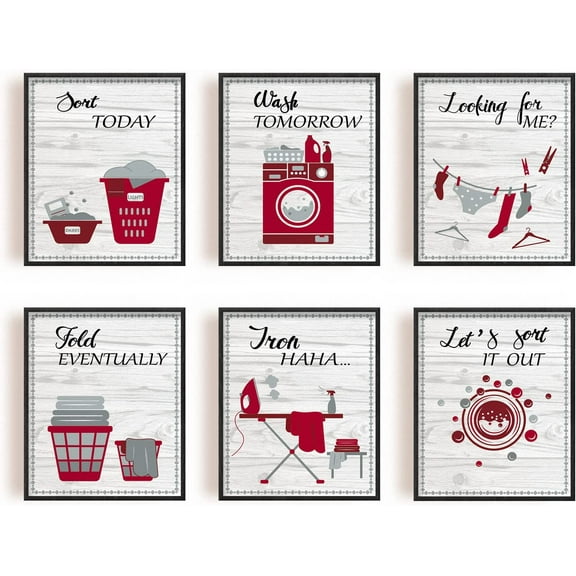 6 PCS Canvas Prints Laundry Room Theme Art Red Inspirational Painting Decorative Wall Art Pictures