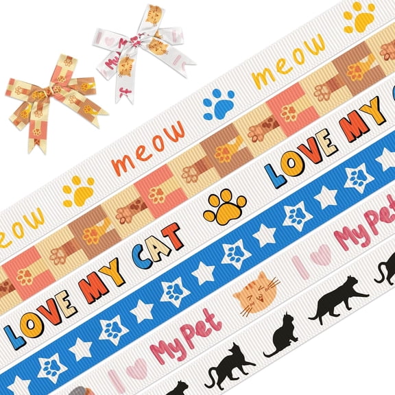 6 PCS Cat Grosgrain Ribbons 3/8" Cat Paw Print Decor Ribbons 3 Yards, Cute Kitty Craft Ribbon for Pet cat Themed Party Favor Decoration Holiday Birthday Gift Packaging DIY Supplies