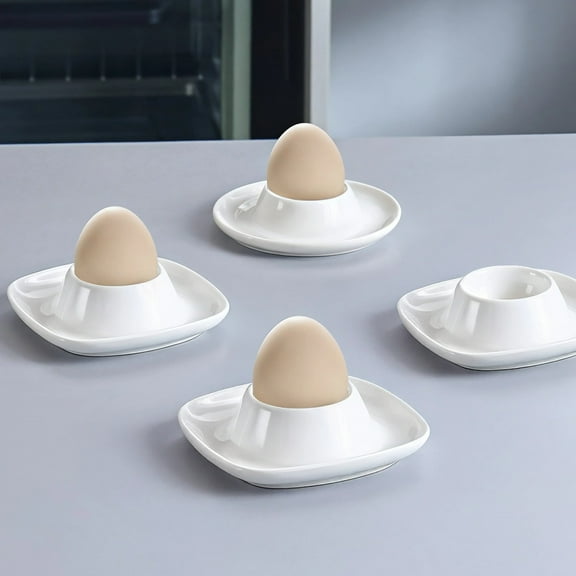 6 PCS Ceramic Egg Cups, Egg Holder for Hard Boiled Eggs, Square Egg Holder Tray with Round Groove, White Egg Dish, Microwave Oven Dishwasher Safe
