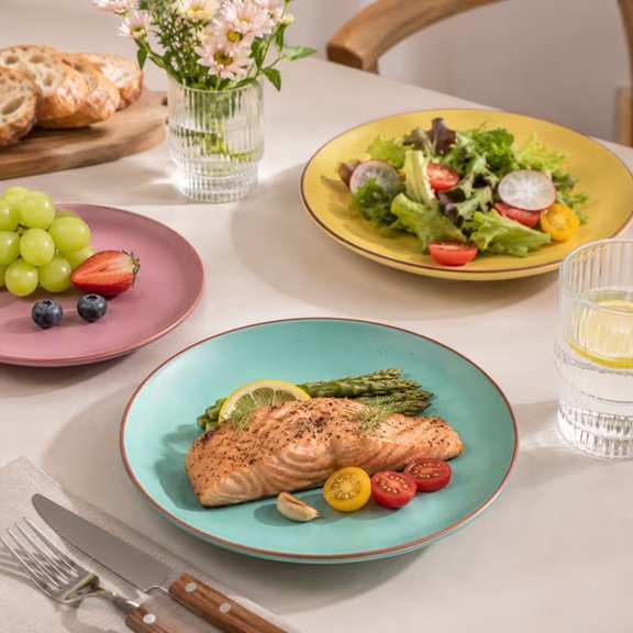 6-PCS Ceramic Plates Set 8.5 Inch Matte Glazed Speckled Dinnerware with Brown Rim