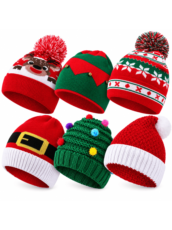 6 PCS Christmas Beanie Hats Set for Family, Unisex Knit Winter Hats with Pom Pom, Holiday Caps for Christmas Party Gifts